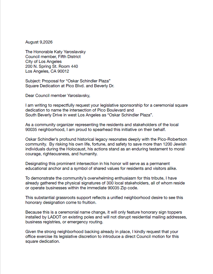 Letter to Councilwoman Katy Yaroslavsky