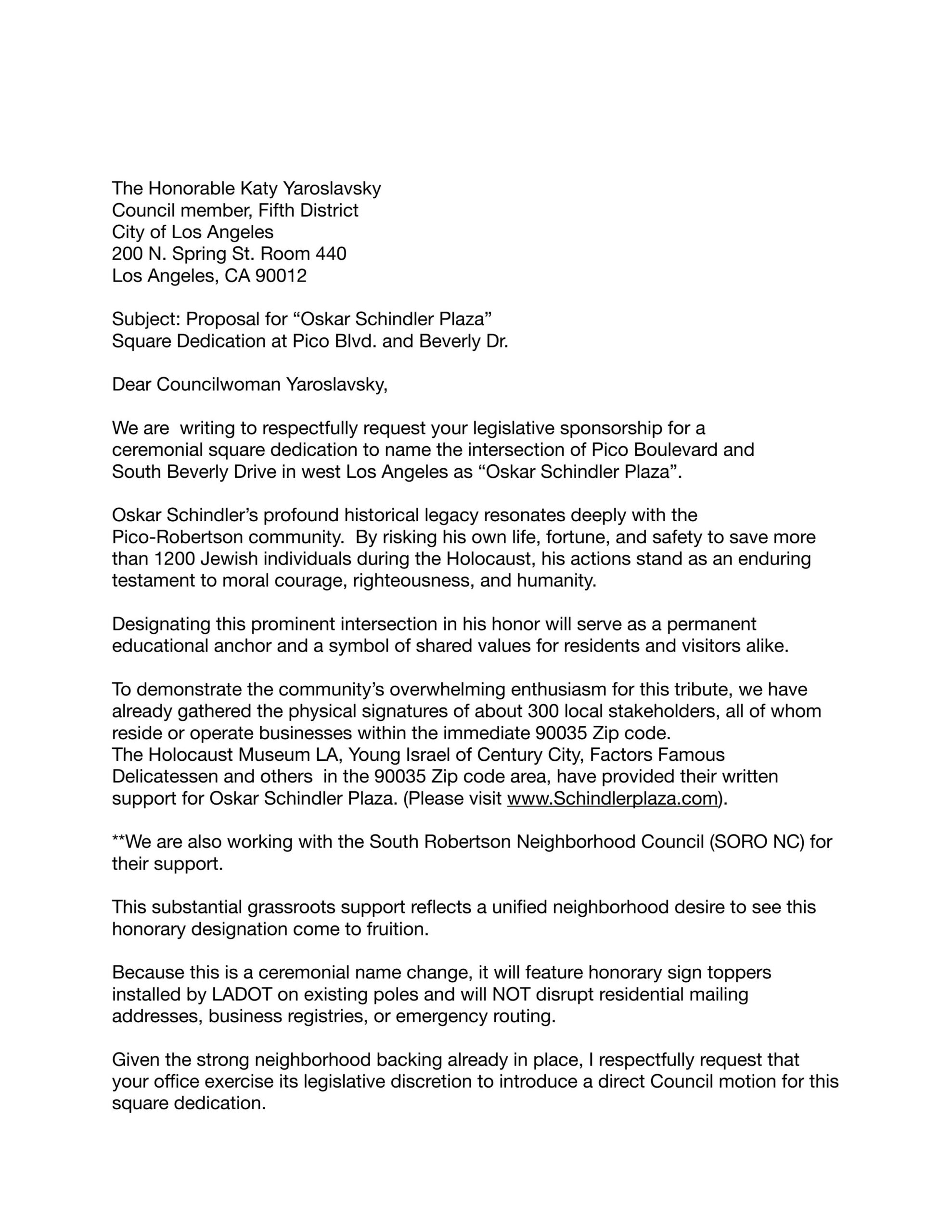 Letter to Councilwoman Katy Yaroslavsky