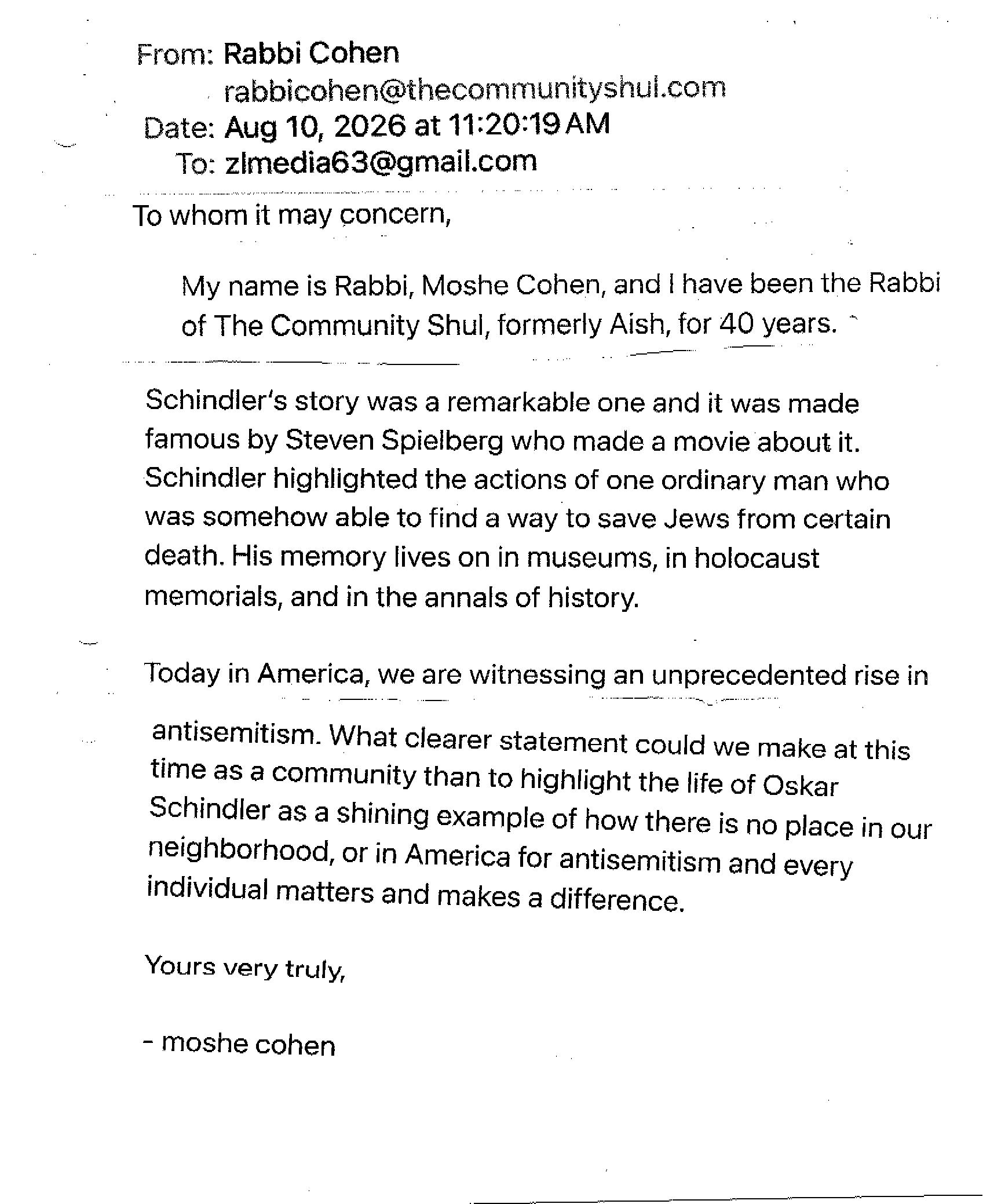 Rabbi Cohen Letter